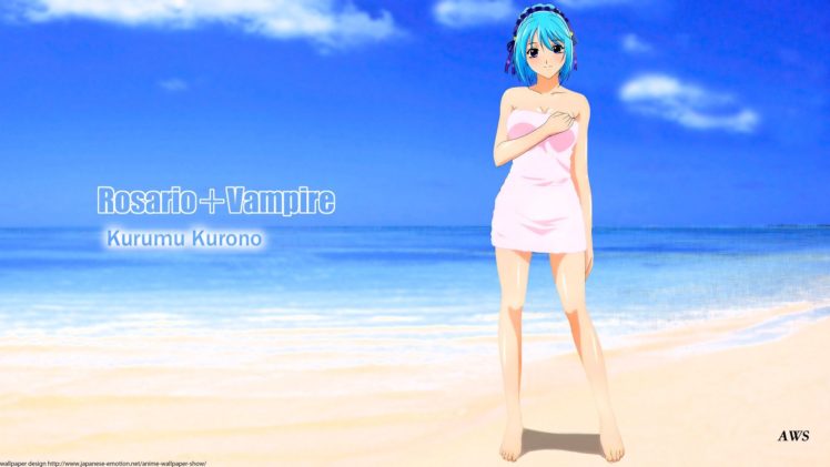 Rosario + Vampire, Kurono Kurumu, Anime girls, Ecchi, Beach, Towel, Blue hair HD Wallpaper Desktop Background