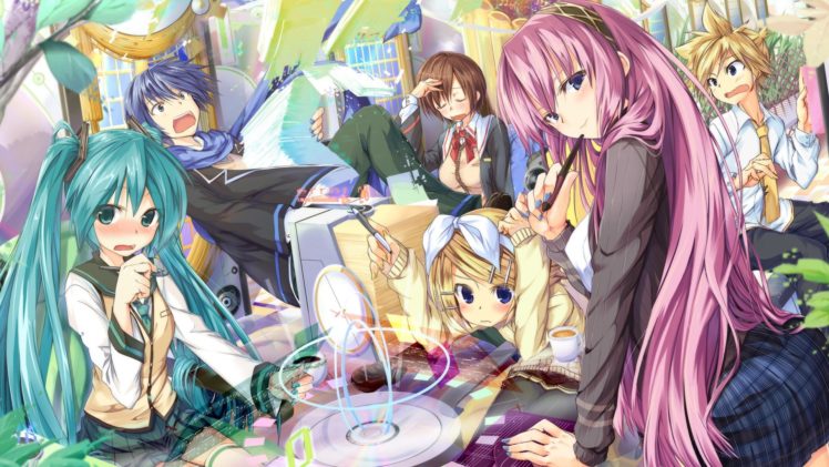 anime, Interfaces, Anime girls, Vocaloid, Hatsune Miku, Kaito, Meiko, Kagamine Rin, Kagamine Len, Megurine Luka HD Wallpaper Desktop Background