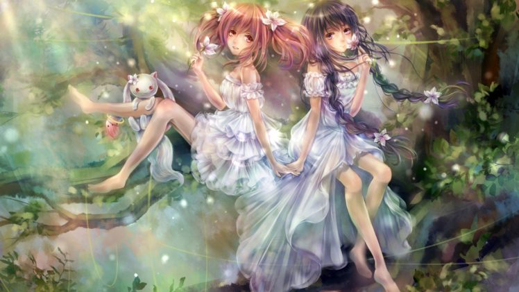 anime, Anime girls, Mahou Shoujo Madoka Magica, Kaname Madoka, Akemi Homura, Kyuubey HD Wallpaper Desktop Background