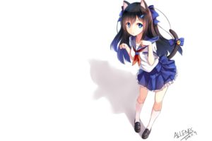 school uniform, Anime girls, Animal ears, Black hair, Blue eyes, Tail, Nekomimi, Original characters
