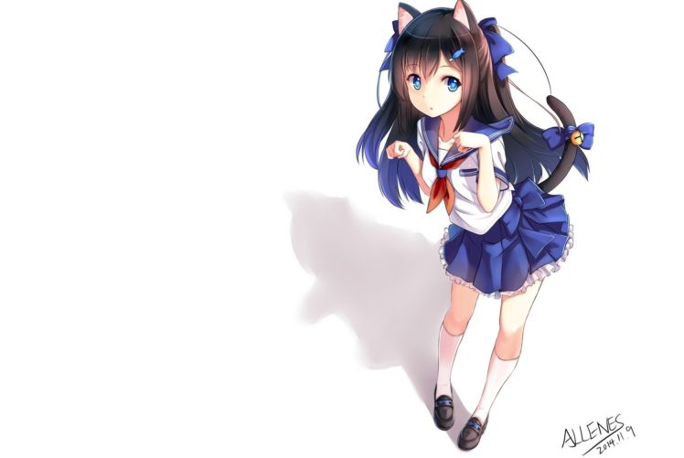 school uniform, Anime girls, Animal ears, Black hair, Blue eyes, Tail, Nekomimi, Original characters HD Wallpaper Desktop Background