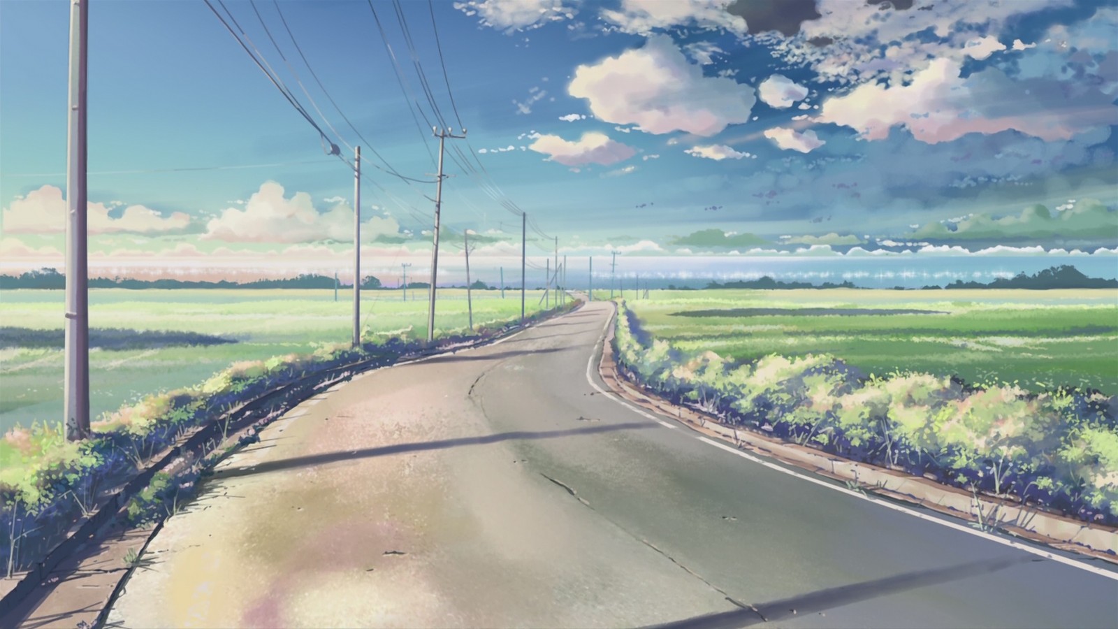 anime, 5 Centimeters Per Second, Makoto Shinkai, Road, Power lines, Sunlight, Clouds Wallpaper