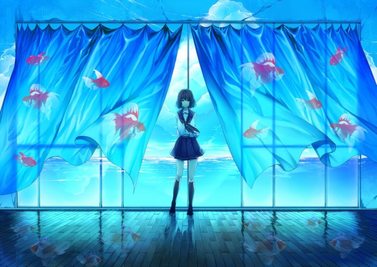 fantasy art, Anime girls, Curtains, Original characters, School uniform HD Wallpaper Desktop Background