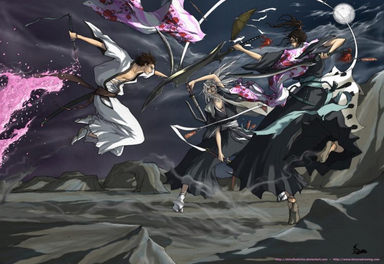 Sousuke Aizen, Shunsui Kyōraku, Fighting, Jushirou Ukitake, Bleach HD Wallpaper Desktop Background