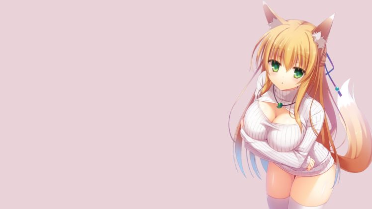 anime, Tail, Blonde, Original characters, Animal ears, Green eyes, Fox girl, Kitsunemimi, Ecchi HD Wallpaper Desktop Background