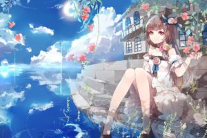 original characters, Flowers, Water, Sky, Clouds, Anime girls, Anime