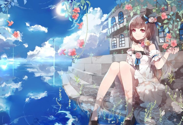 original characters, Flowers, Water, Sky, Clouds, Anime girls, Anime HD Wallpaper Desktop Background