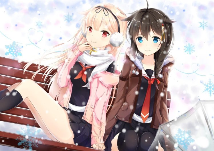 Kantai Collection, Shigure (KanColle), Yuudachi (KanColle), Umbrella, Snow, Snow flakes, Anime girls, Anime HD Wallpaper Desktop Background