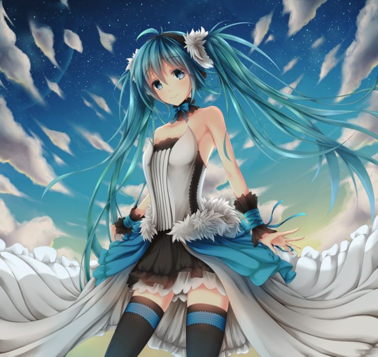 Vocaloid, Hatsune Miku, Sky, Clouds, Thigh highs, Anime girls, Anime HD Wallpaper Desktop Background