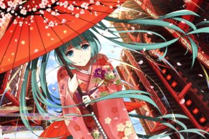 Vocaloid, Hatsune Miku, Umbrella, Traditional clothing, Kimono, Flowers, Petals, Anime girls, Anime, Cherry blossom