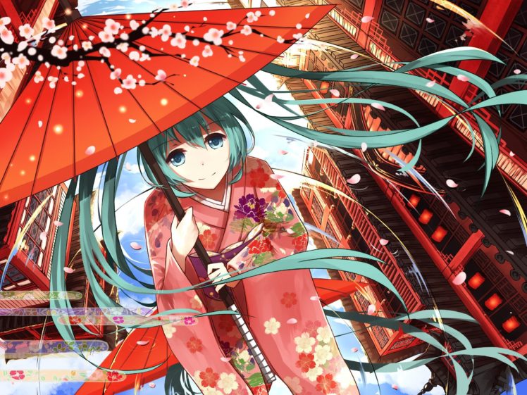 Vocaloid, Hatsune Miku, Umbrella, Traditional clothing, Kimono, Flowers, Petals, Anime girls, Anime, Cherry blossom HD Wallpaper Desktop Background