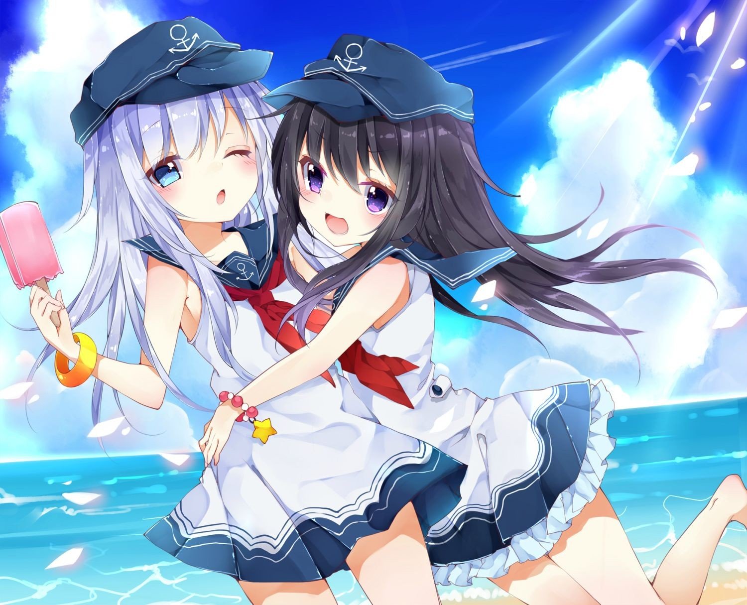 Kantai Collection, Ice cream, Sea, Beach, School uniform, Akatsuki (KanColle), Hibiki (KanColle) Wallpaper