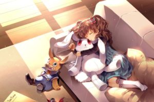 stuffed animals, Couch, Little girl, Sleeping, Anime girls, Cage (Visual Novel)