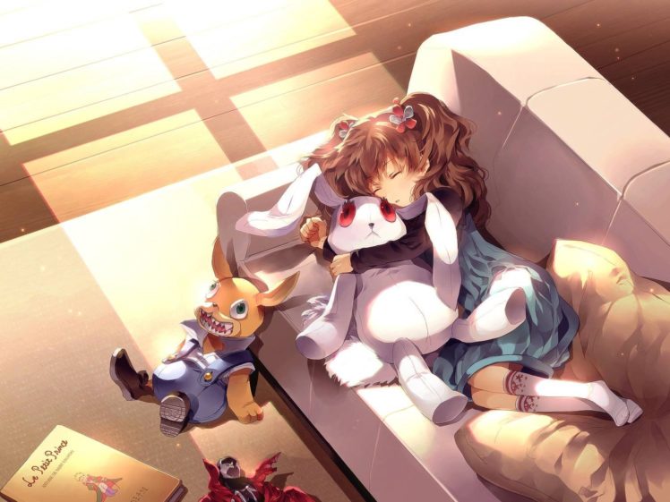 stuffed animals, Couch, Little girl, Sleeping, Anime girls, Cage (Visual Novel) HD Wallpaper Desktop Background