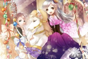 snow, Winter, Bell, Anime girls, Original characters, Traditional clothing, Carousel
