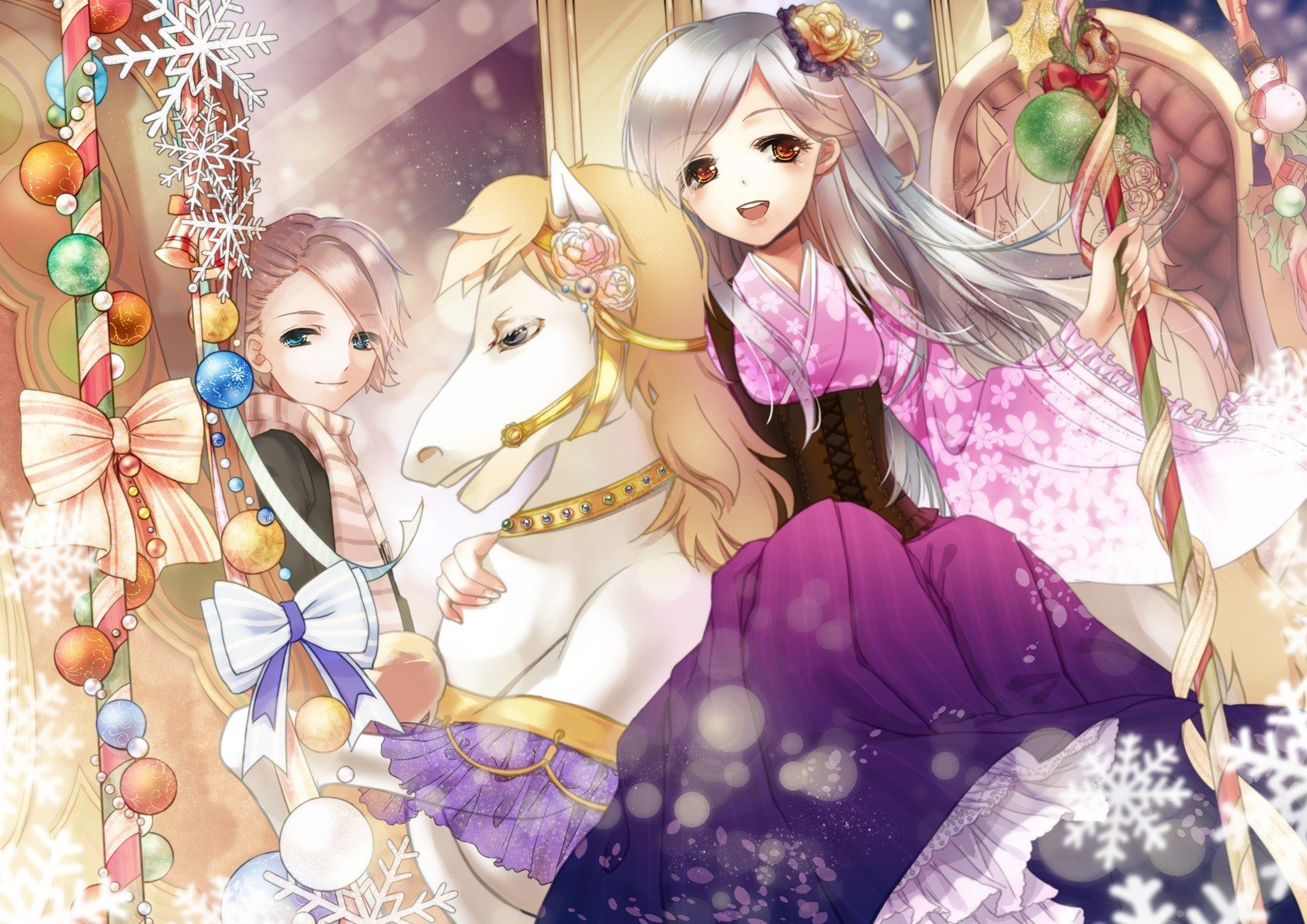 snow, Winter, Bell, Anime girls, Original characters, Traditional clothing, Carousel Wallpaper