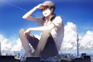 anime, Original characters, Glasses, Anime boys, Headphones, City, Giant