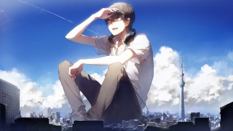 anime, Original characters, Glasses, Anime boys, Headphones, City, Giant HD Wallpaper Desktop Background