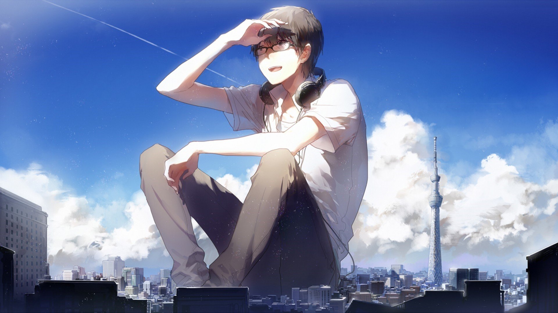 anime, Original characters, Glasses, Anime boys, Headphones, City, Giant Wallpaper