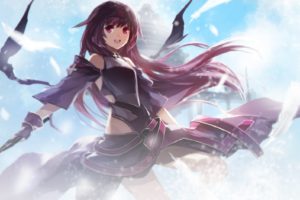 Sword Art Online, Sky, Clouds, Flying, Sword, Feathers, Anime girls, Anime, Long hair, Black hair, Swd3e2