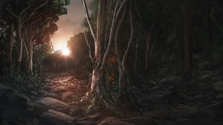 art, Forest, Trees, Sunset, Sun, Rocks HD Wallpaper Desktop Background