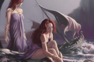 fantasy, Siren, Mermaid, Ocean, Storm, Ship, Redhead, Sexy, Babe, Art