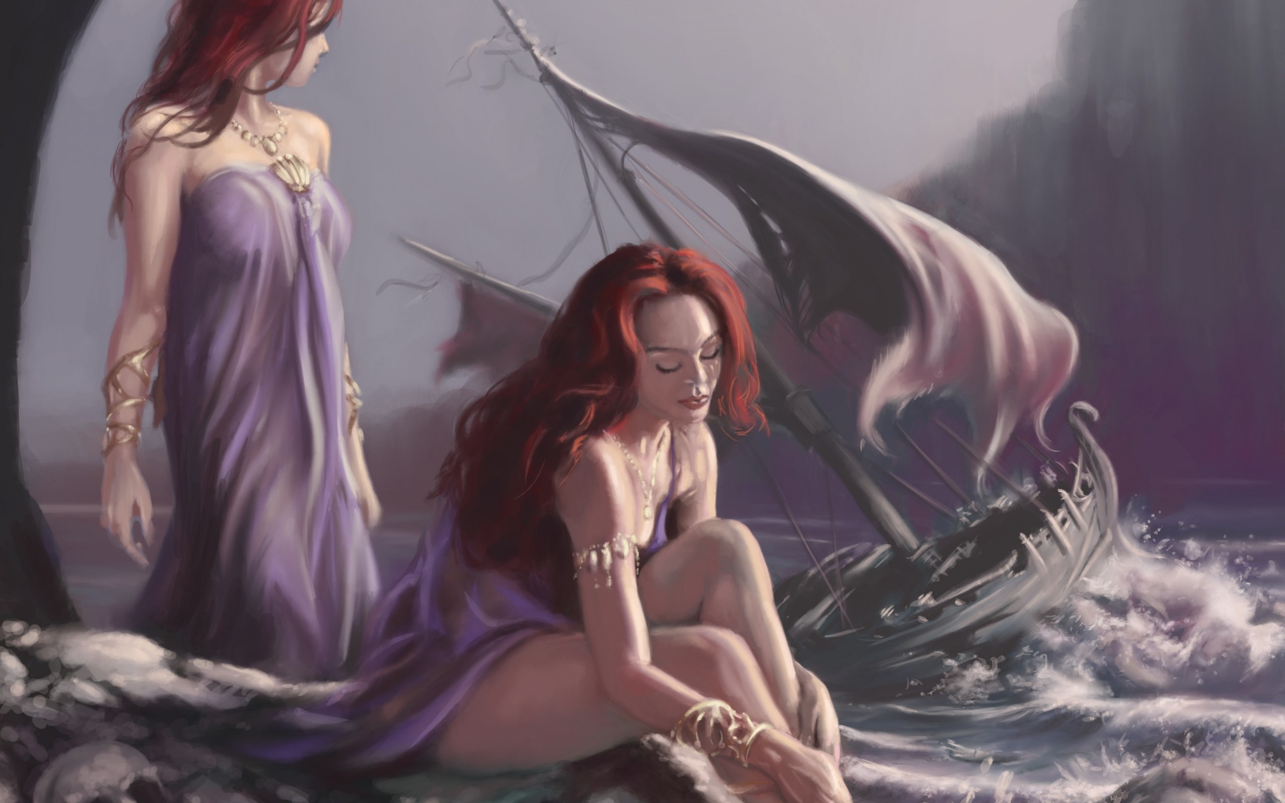 fantasy, Siren, Mermaid, Ocean, Storm, Ship, Redhead, Sexy, Babe, Art Wallp...