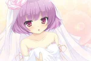 wedding dress, Anime girls, Purple hair, Purple eyes, Short hair, Mizu no Miyako no Patisserie, Tsugumi Konno