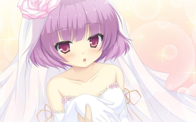 wedding dress, Anime girls, Purple hair, Purple eyes, Short hair, Mizu no Miyako no Patisserie, Tsugumi Konno HD Wallpaper Desktop Background