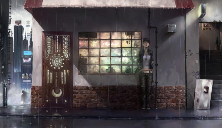 original characters, Detailed, Anime girls, Anime, Rain, Window, Bricks, Door, Stairs, Pipes, Pavements HD Wallpaper Desktop Background