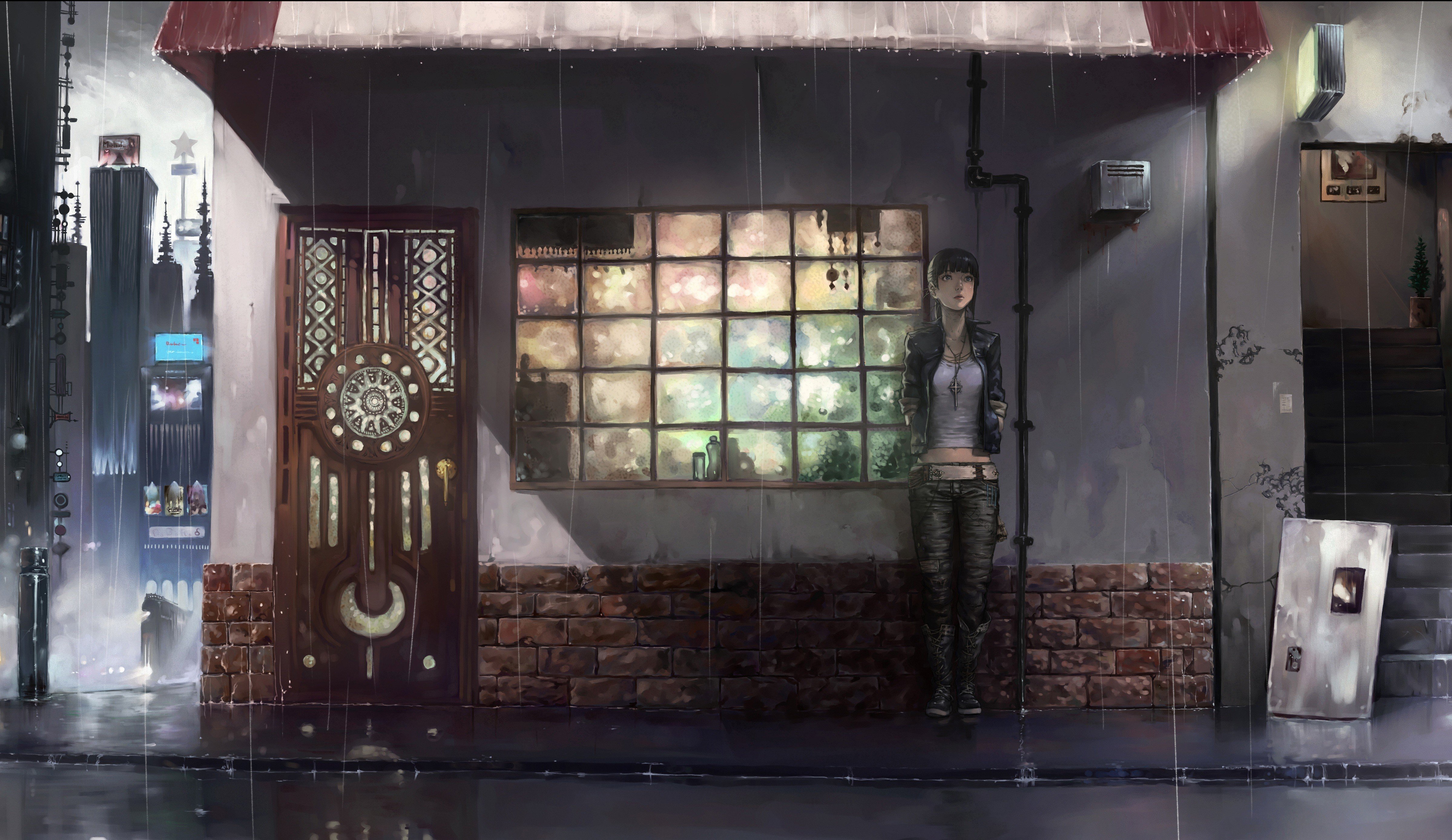 original characters, Detailed, Anime girls, Anime, Rain, Window, Bricks, Door, Stairs, Pipes, Pavements Wallpaper