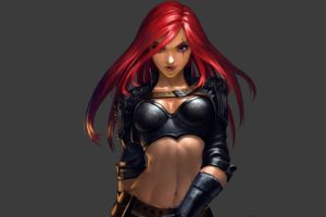 redhead, Lips, Open mouth, Long hair, Red eyes, Looking at viewer, League of Legends, Noxus, Anime, Anime girls, Katarina (league of legends)