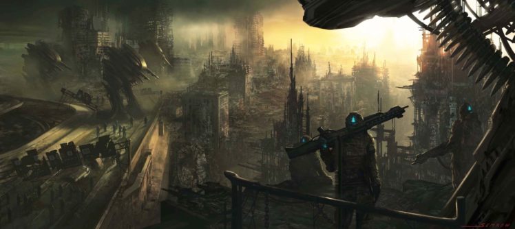 art, City, Army, Robots, Machines, Ruins, Soldiers, Weapons, Apocalyptic, Sci fi, Robot, Dark, Multi, Dual HD Wallpaper Desktop Background