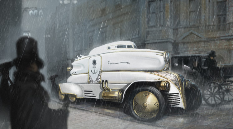 art, Steampunk, Car, City, White, Rain, Storm, Custom, Retro HD Wallpaper Desktop Background