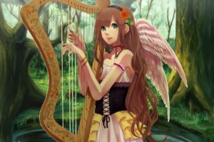 anime, Anime girls, Original characters, Harp, Wings, Angel