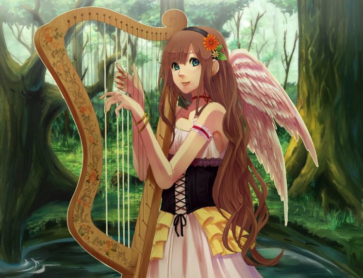 anime, Anime girls, Original characters, Harp, Wings, Angel HD Wallpaper Desktop Background