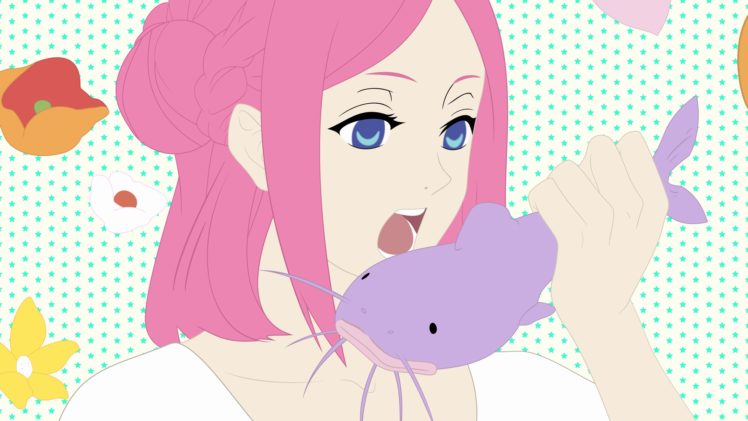 anime, Fish, Food, Eating, Pink hair, Arakawa Under the Bridge HD Wallpaper Desktop Background