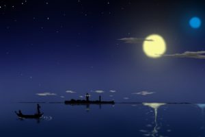 anime, Boat, Moonlight, Night, Sea