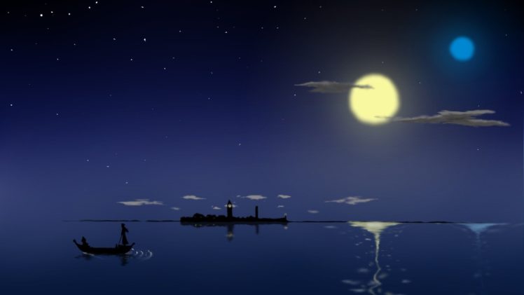 Wallpaper Anime Landscape, Moonlight, Kimono, Floating Boat, Stars, Night,  Scenery