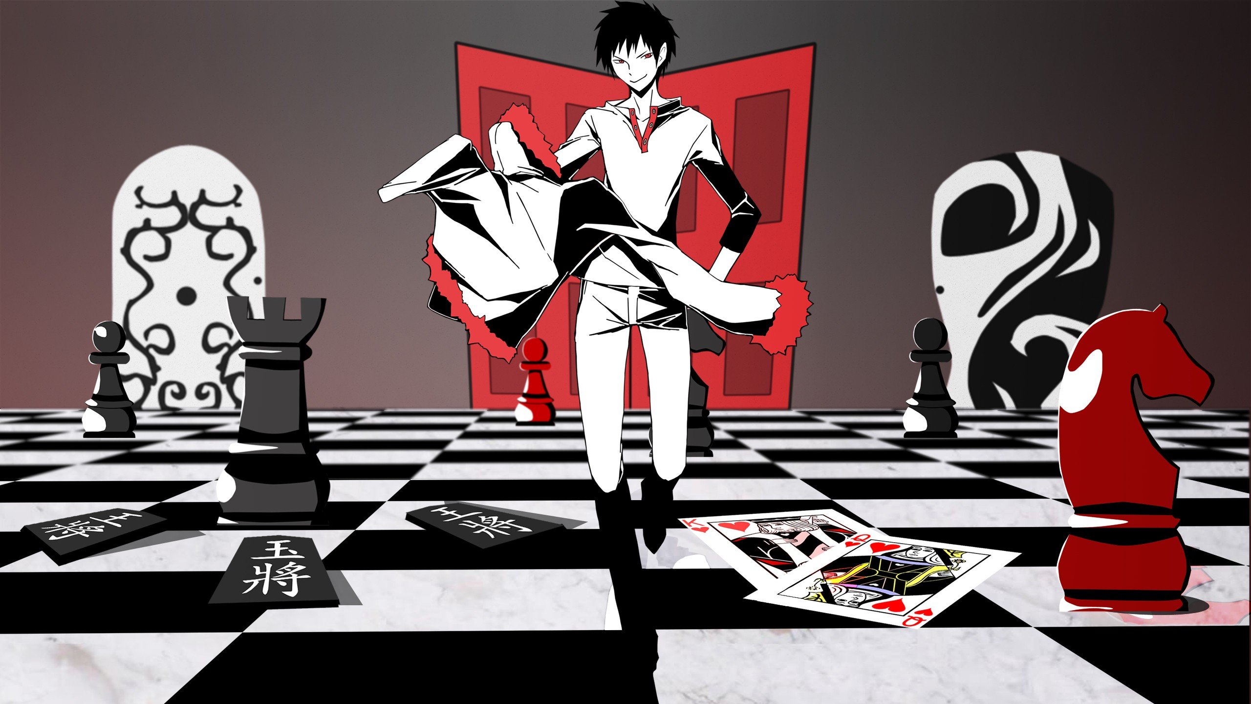 anime, Durarara!!, Orihara Izaya, Chess, Cards, Selective coloring Wallpaper