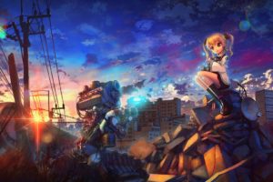 anime, Original characters, Robot, Ruin, Power lines, Sun rays, Lens flare, Propeller
