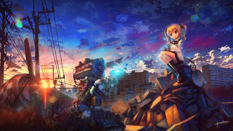 anime, Original characters, Robot, Ruin, Power lines, Sun rays, Lens flare, Propeller HD Wallpaper Desktop Background