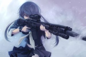 original characters, Long hair, Blue hair, Anime girls, Gun, Assault rifle, School uniform, Twintails