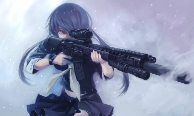original characters, Long hair, Blue hair, Anime girls, Gun, Assault rifle, School uniform, Twintails HD Wallpaper Desktop Background
