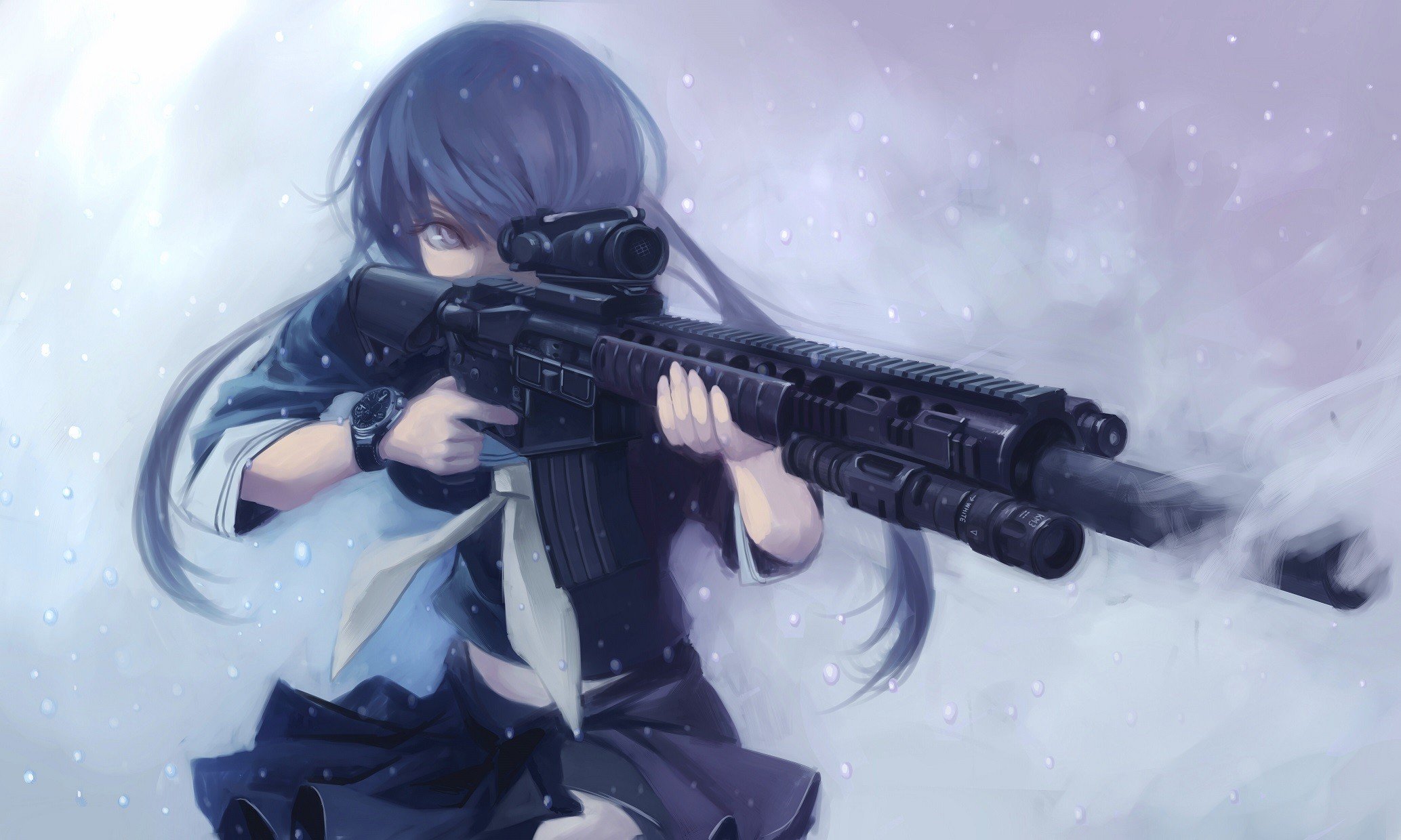 original characters, Long hair, Blue hair, Anime girls, Gun, Assault rifle, School uniform, Twintails Wallpaper