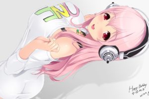 Super Sonico, Nitroplus, Long hair, Anime girls, Red eyes, Open mouth, Bangs, Headphones, Blushing, Pink hair, Necklace, Simple background