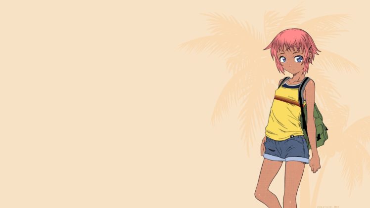 Mudou Eichi, Short pants, Short hair, Summer, Manga, Pink hair, Blue eyes, Tanned HD Wallpaper Desktop Background