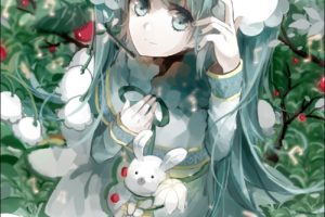 Vocaloid, Hatsune Miku, Branch, Flowers, Ribbon, Sheet, Petals, Rabbits, Snow flakes, Musical notes, Twintails, Anime girls, Anime
