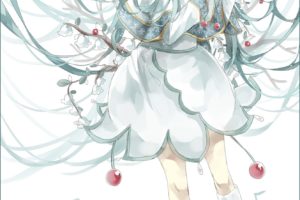 Vocaloid, Hatsune Miku, Flowers, Ribbon, Headphones, Sheet, Branch, Musical notes, Twintails, Snow flakes, Anime girls, Anime