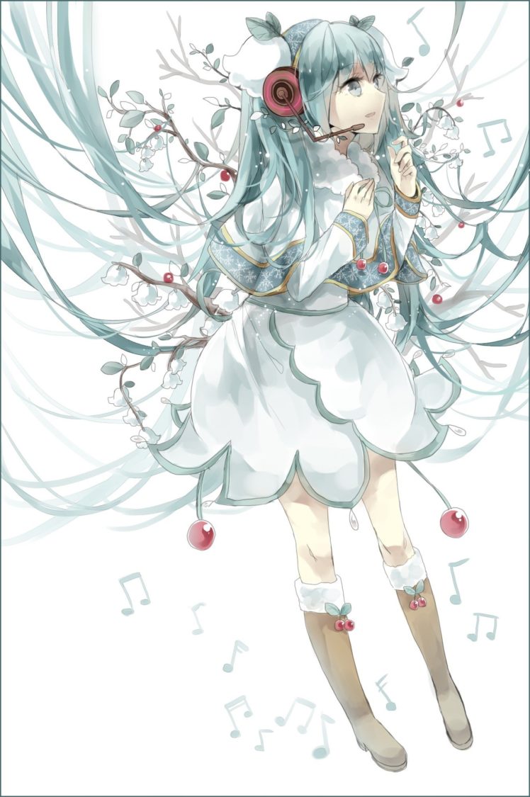 Vocaloid, Hatsune Miku, Flowers, Ribbon, Headphones, Sheet, Branch, Musical notes, Twintails, Snow flakes, Anime girls, Anime HD Wallpaper Desktop Background